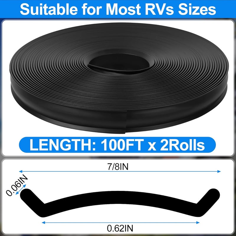 phepetroll 2 Roll RV Trim Molding Insert, 7/8IN x 100 FT Heavy Duty RV TPE Trim Molding Weather Stripping Exterior Replacement, Screw Cover Corner for Camper Travel Trailer Boat Channel (Black, Total 200 FT) - Image 2